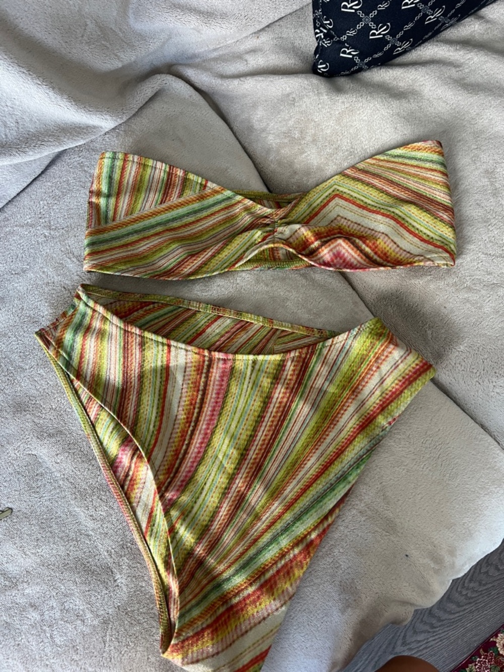 Striped Multicolor Bandeau Bikini Set - Green, Orange, Pink